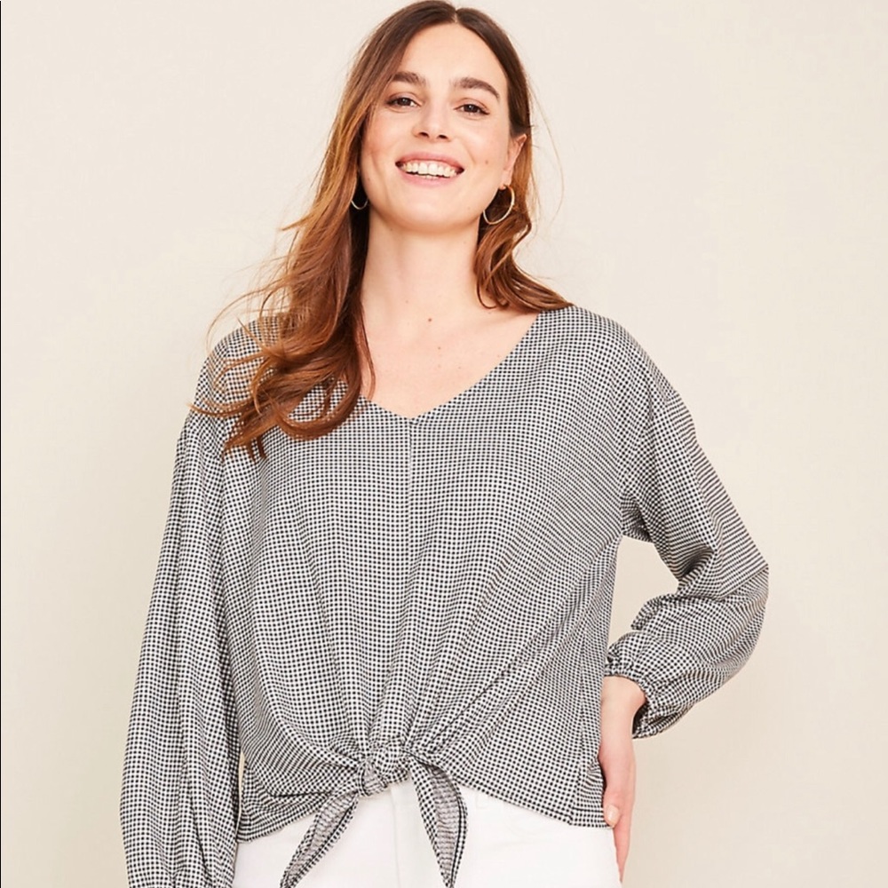Ann Taylor’s Gingham Tie Front Top Long Sleeves